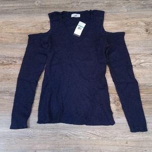 New Blue Ribbed V Neck Cold Shoulder Fitted Sweater Top